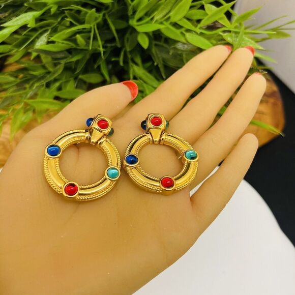 Vintage Mogul Jewels Gripoix Dangle Door Knocker Gold Red Blue Green Earrings - Picture 4 of 10